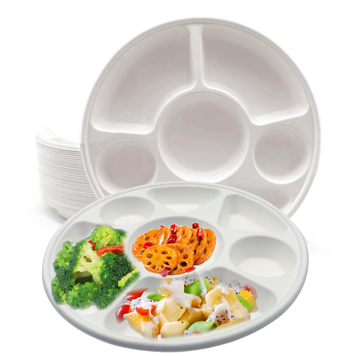 Rani 7 Compartment Round Biodegradable Divided Plates, Pack of 500 ~ Party, Thali, Buffet | Disposable & Eco-Friendly | Heavy-Duty Sturdy Paper Bagasse | Premium Quality | 11" Diameter, 1.38" Height