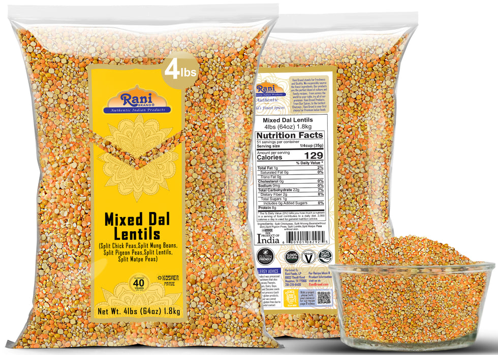 Rani Mixed Dal (Chana Dal, Moong Dal, Toor Dal, Masoor Dal, Urad Dal) 64oz (4lbs) 1.81kg Bulk ~ All Natural | Gluten Friendly | NON-GMO | Kosher | Vegan | Indian Origin
