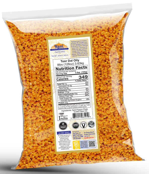 Rani Toor Dal (Split Pigeon Peas) Oily, 128oz (8lbs) 3.63kg Bulk ~ All Natural | Gluten Friendly | NON-GMO | Kosher | Vegan | Indian Origin