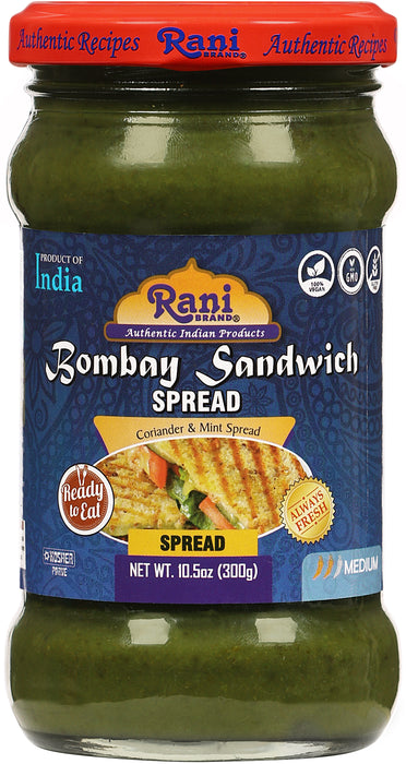 Rani Bombay Sandwich Spread, Mild (Mint & Coriander) 10.5oz (300g) Glass Jar, Ready to Eat ~ Vegan | Gluten Free | NON-GMO | Kosher | Indian Origin