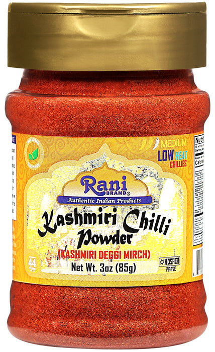 Rani Kashmiri Chilli Powder (Deggi Mirch, Low Heat) Ground Indian Spice 3oz (85g) PET Jar ~ All Natural | Salt-Free | Vegan | Kosher | Gluten Friendly | Perfect for Deviled Eggs & Other Low Heat Dishes
