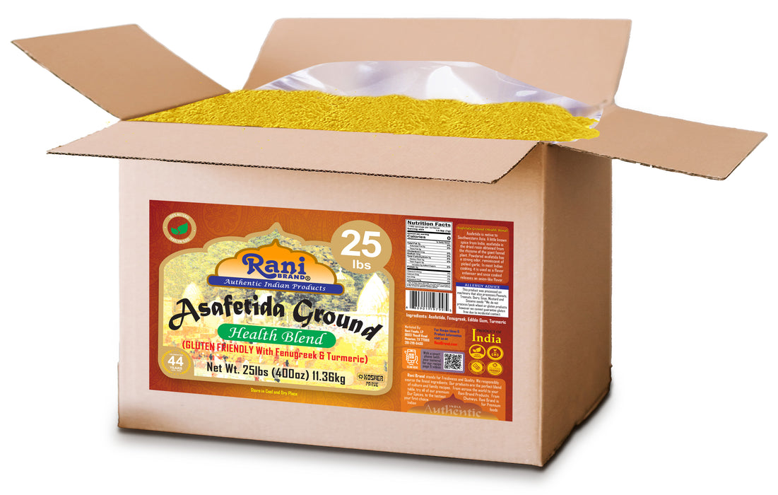 Rani Asafetida (Hing) Ground Health Blend w/ Fenugreek and Turmeric 400oz (25lbs) 11.36kg Bulk Box ~ All Natural | Salt Free | Vegan | Kosher | Asafoetida Indian Spice | Best for Onion Garlic Substitute