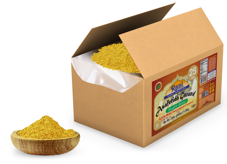Rani Asafetida (Hing) Ground Health Blend w/ Fenugreek and Turmeric 400oz (25lbs) 11.36kg Bulk Box ~ All Natural | Salt Free | Vegan | Kosher | Asafoetida Indian Spice | Best for Onion Garlic Substitute