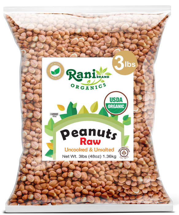 Rani Organic Peanuts, Raw Whole With Skin (uncooked, unsalted) 48oz (3lbs) 1.36kg Bulk ~ All Natural | Vegan | Gluten Friendly | Fresh Product of USA ~ Spanish Grade Groundnut / Red-skin
