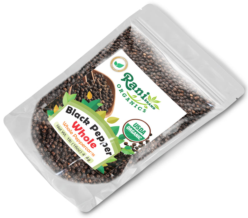 Rani Organic Black Pepper Whole (Peppercorns), Premium Indian MG-1 Grade 16oz (1lb) 454g ~ All Natural | Gluten Friendly | Non-GMO | USDA Certified Organic | Perfect Size for Grinders!