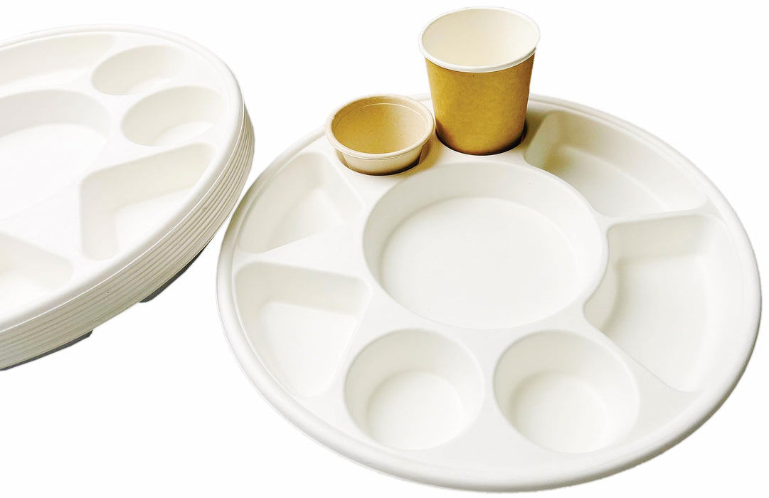 Rani Round Biodegradable Divided Plates, Pack of 100, 9 Compartments ~ Disposable & Eco-Friendly | 12.44" Diameter, 1.38" Thickness | Heavy-Duty and Sturdy Disposable Bagasse Plates | Premium Quality