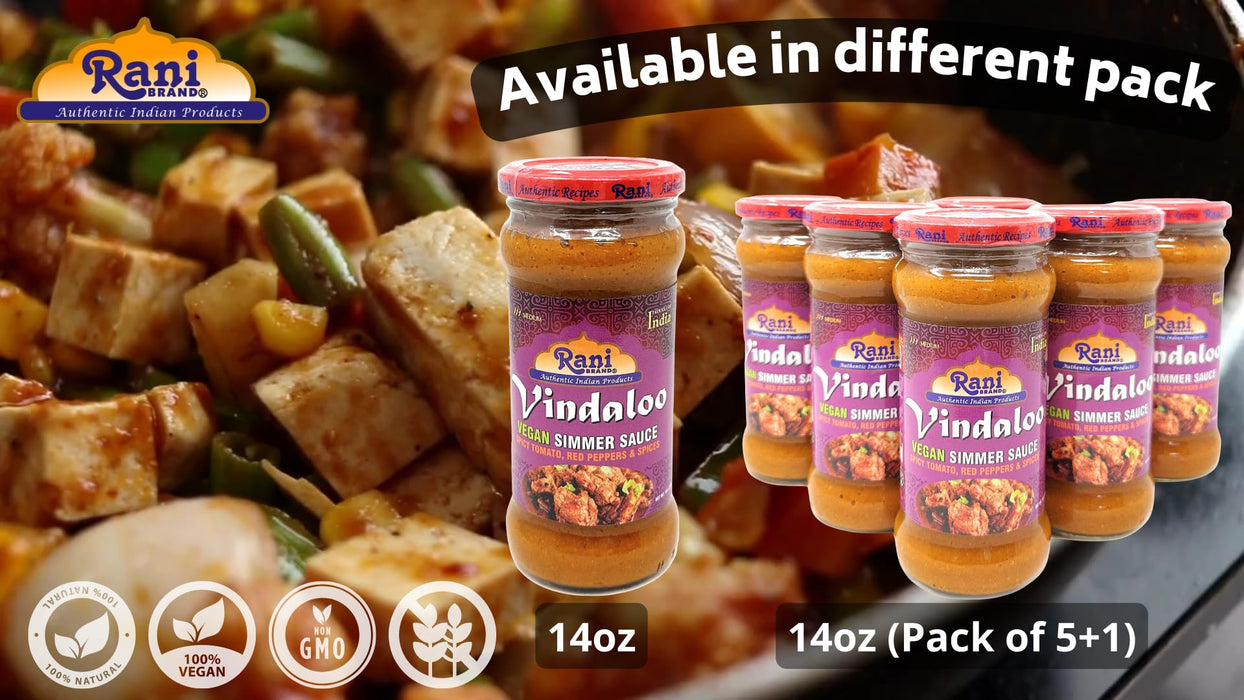 Rani Vindaloo Curry Vegan Simmer Sauce (Spicy Tomato, Red Peppers & Spices) 14oz (400g) Glass Jar, Pack of 5 +1 FREE ~ Easy to Use | Vegan | No Colors