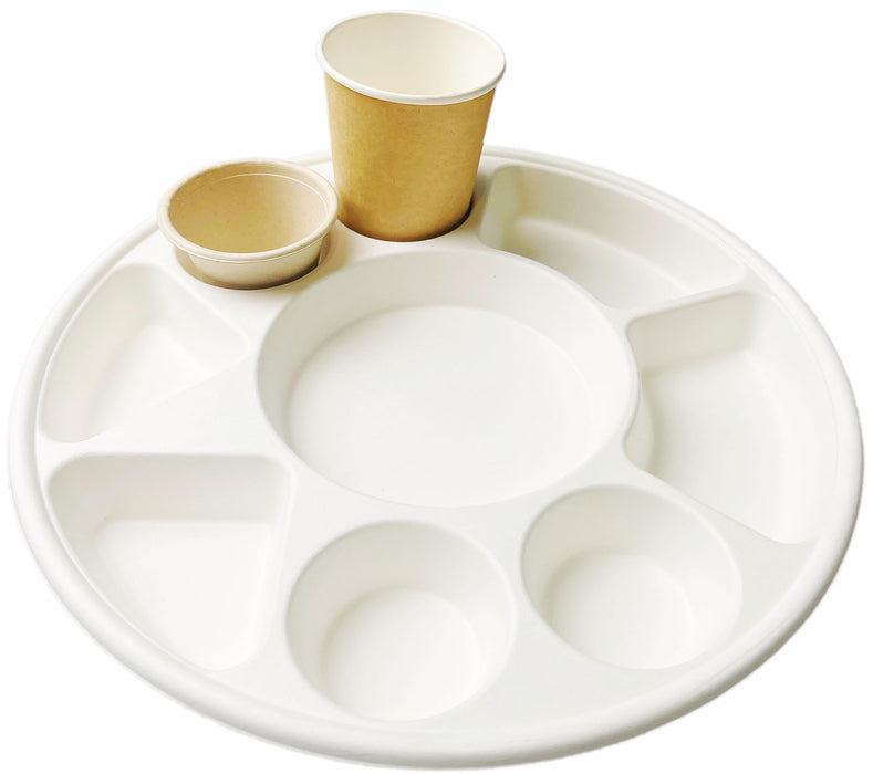 Rani Round Biodegradable Divided Plates, Pack of 25, 9 Compartments ~ Disposable & Eco-Friendly | 12.44" Diameter, 1.38" Thickness | Heavy-Duty and Sturdy Disposable Bagasse Plates | Premium Quality