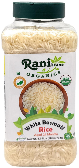 Rani Organic Platinum White Basmati Rice Extra Long Aged 28oz (1.75lbs) 800g PET Jar ~ All Natural | Gluten Friendly | Vegan | Indian Origin | Kosher | Export Quality | USDA Certified Organic