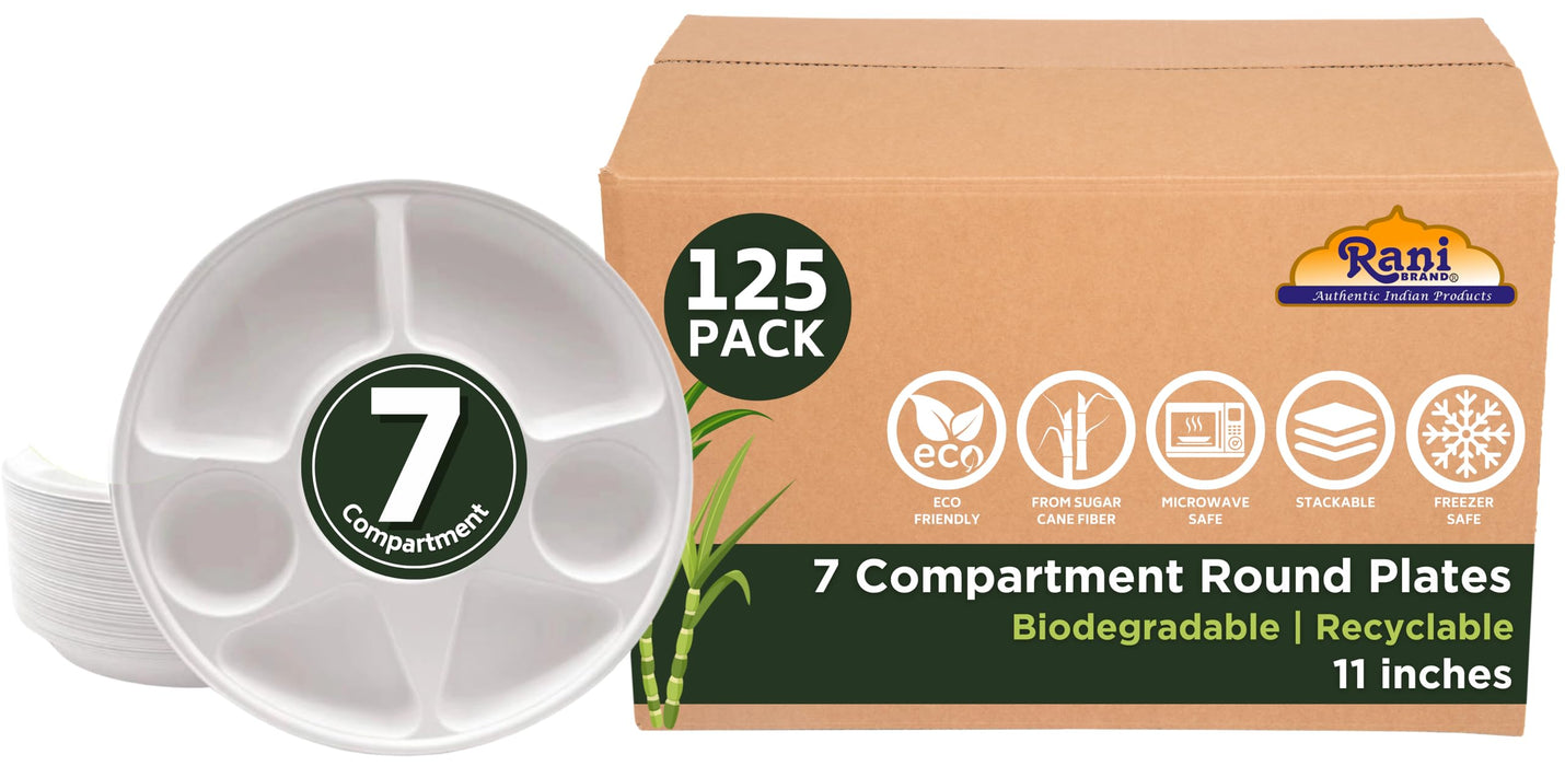 Rani 7 Compartment Round Biodegradable Divided Plates, Pack of 125 ~ Party, Thali, Buffet | Disposable & Eco-Friendly | Heavy-Duty Sturdy Paper Bagasse | Premium Quality | 11" Diameter, 1.38" Height