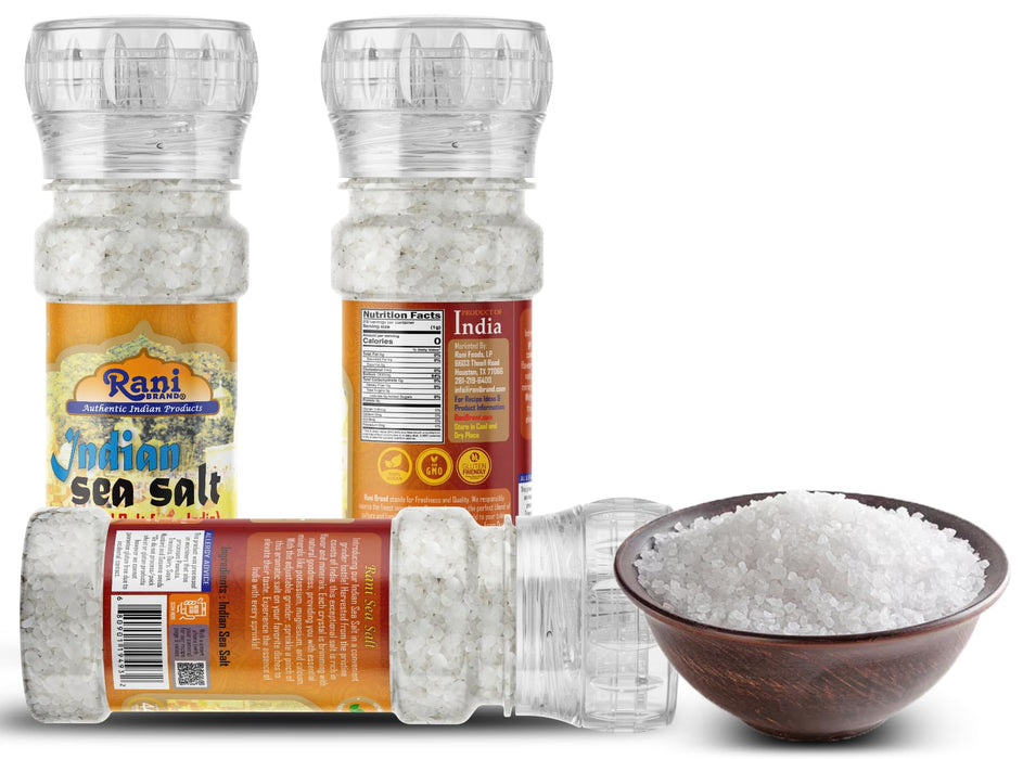 Rani Indian Sea Salt 4oz (115g) Grinder Bottle ~ Unrefined, Pure and Natural | Vegan | Gluten Friendly | NON-GMO | Kosher | Indian Origin
