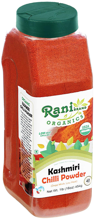 Rani Organic Kashmiri Chilli Powder (Deggi Mirch, Low Heat) 16oz (1lb) 454g PET Jar ~ All Natural | Vegan | Gluten Friendly | NON-GMO | Indian Origin | USDA Certified Organic