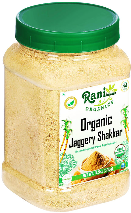 Rani Organic Jaggery Shakkar (Unrefined Evaporated Organic Sugar Cane Juice) 17.5oz (1.1lbs) 500g PET Jar ~ Gluten Friendly | Vegan | NON-GMO | Indian Product | USDA Certified Organic