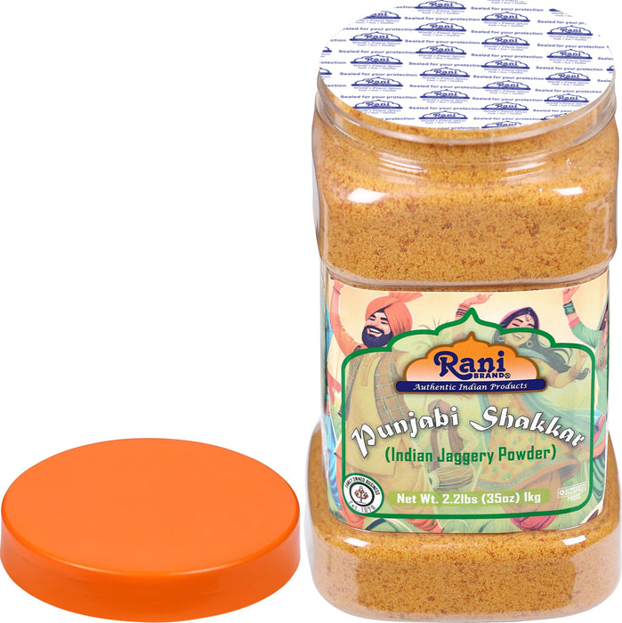 Rani Punjabi Shakkar (Gur Jaggery Powder) Indian Unrefined Raw Cane Sugar 35oz (2.2lbs) 1kg PET Jar ~ Gluten Friendly | Vegan | Kosher | NON-GMO | No Salt or fillers | Indian Product