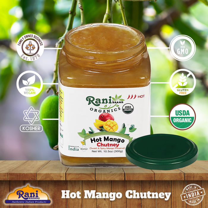 Rani Organic Hot Mango Chutney (Spicy Indian Preserve) 10.5oz (300g) Glass Jar, Ready to eat ~ All Natural | Vegan | Gluten Free | No Colors | NON-GMO | Indian Origin | USDA Certified Organic