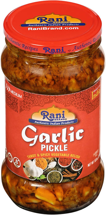 Rani Garlic Pickle Mild (Achar, Spicy Indian Relish) 10.5oz (300g) ~ Glass Jar, All Natural | Vegan | Gluten Free | NON-GMO | Kosher | No Color | Indian Origin