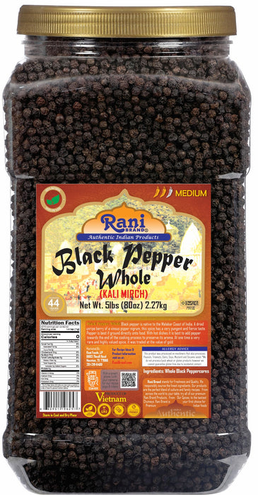 Rani Black Pepper Whole (Peppercorns), MG-1 Grade 80oz (5lbs) 2.27kg Bulk PET Jar ~ All Natural | Gluten Friendly | Non-GMO | Kosher | Perfect Size for Grinders!