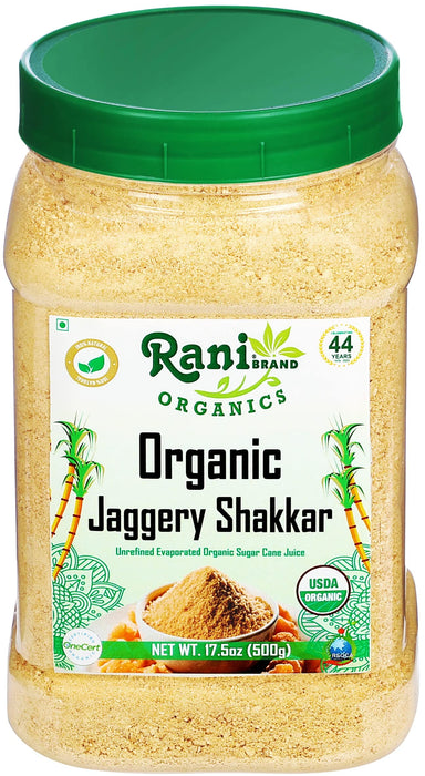 Rani Organic Jaggery Shakkar (Unrefined Evaporated Organic Sugar Cane Juice) 17.5oz (1.1lbs) 500g PET Jar ~ Gluten Friendly | Vegan | NON-GMO | Indian Product | USDA Certified Organic