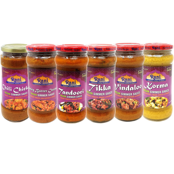Rani Curry Vegan Simmer Sauces 6-Pack Variety (Tandoori, Tikka, Vindaloo, Korma, Chilli Chicken, Spicy Butter Chicken) 14oz (400g) Glass Jar ~ Easy to Use | All Natural | Gluten Free | Indian Origin