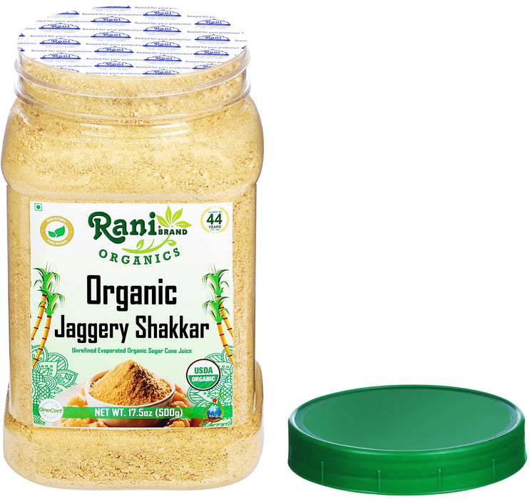 Rani Organic Jaggery Shakkar (Unrefined Evaporated Organic Sugar Cane Juice) 17.5oz (1.1lbs) 500g PET Jar ~ Gluten Friendly | Vegan | NON-GMO | Indian Product | USDA Certified Organic