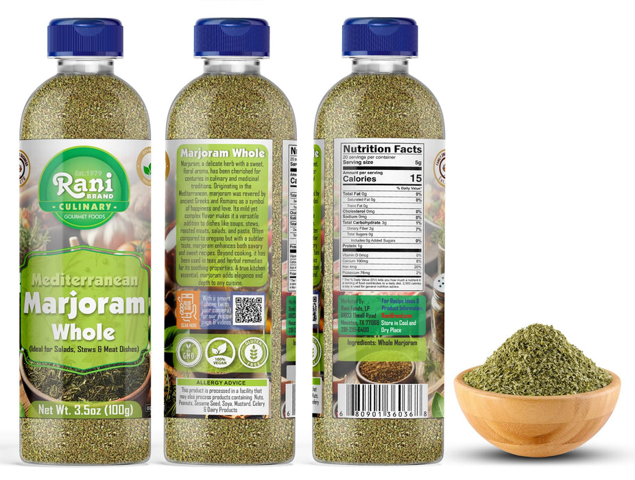 Rani Marjoram Whole (Ideal for Salads, Stews & Meat Dishes) 3.5oz (100g) PET Jar ~ All Natural | Gluten Friendly | NON-GMO | Kosher | Vegan | Product of USA