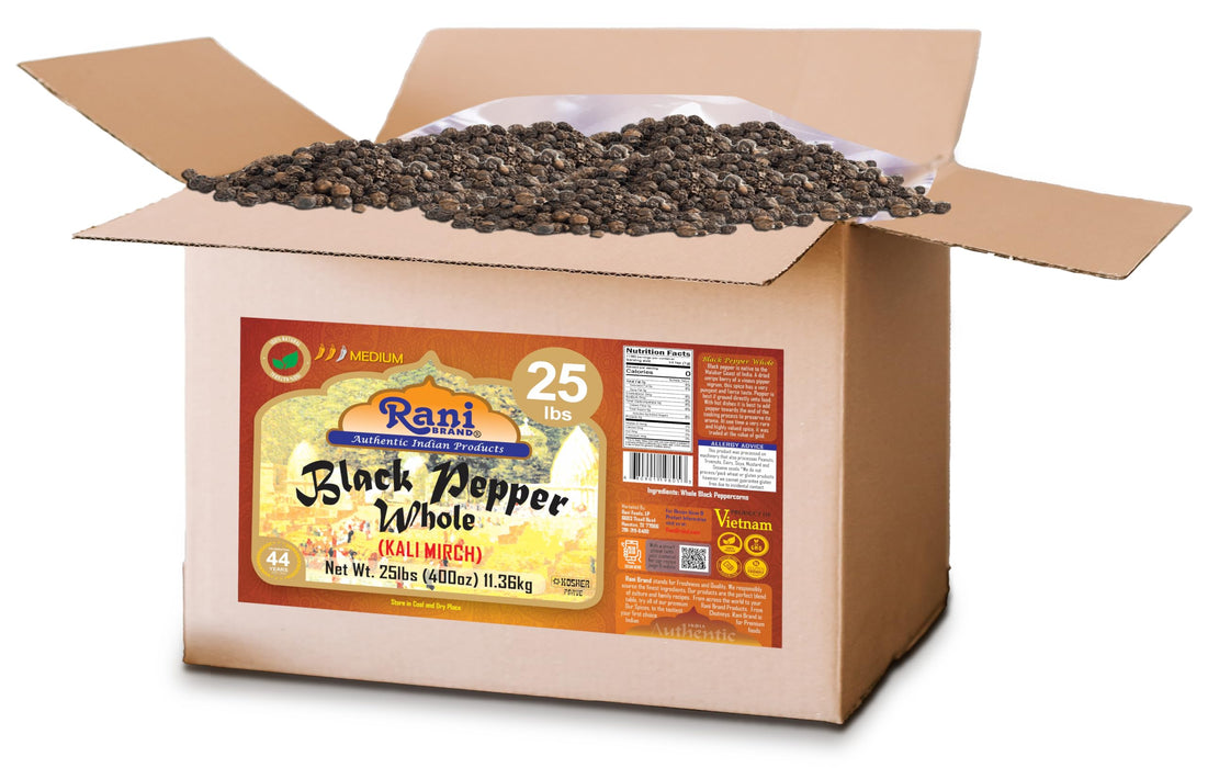 Rani Black Pepper Whole (Peppercorns), Premium MG-1 Grade 400oz (25lbs) 11.36kg Bulk Box ~ All Natural | Gluten Friendly | Non-GMO | Kosher | Perfect Size for Grinders!