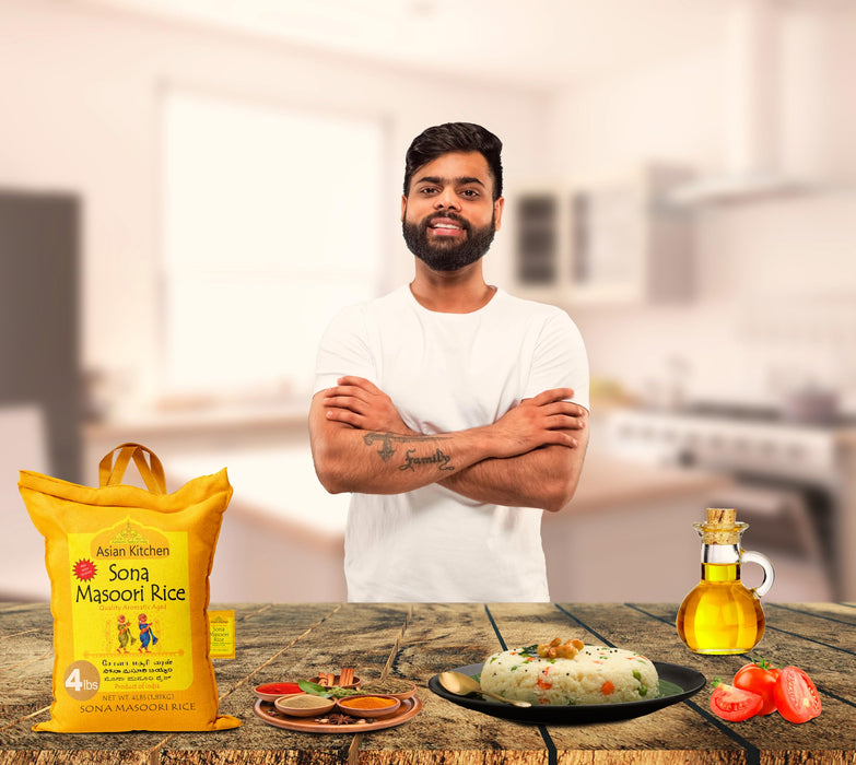Asian Kitchen White Sona Masoori Aged Rice 4lbs (1.81kg) Short Grain Rice ~ All Natural | Gluten Friendly | Vegan | Indian Origin | Export Quality