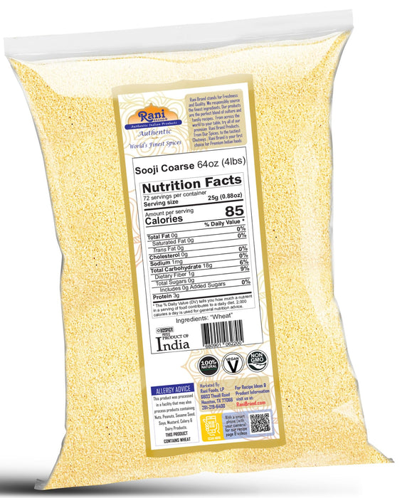Rani Sooji Coarse (Farina, Suji, Rava, Rawa, Wheat Semolina) Flour 64oz (4lbs) 1.81kg ~ All Natural | Vegan | NON-GMO | Kosher | Indian Origin