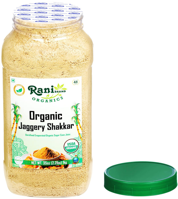 Rani Organic Jaggery Shakkar (Unrefined Evaporated Organic Sugar Cane Juice) 35oz (2.2lbs) 1kg PET Jar ~ Gluten Friendly | Vegan | NON-GMO | No Salt or fillers | Indian Product | USDA Certified Organic