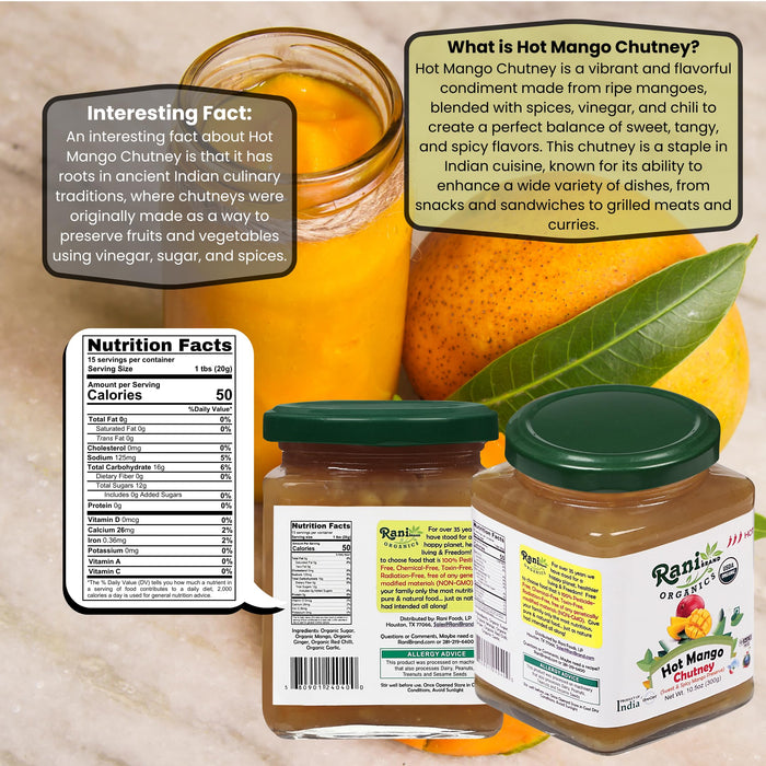 Rani Organic Hot Mango Chutney (Spicy Indian Preserve) 10.5oz (300g) Glass Jar, Ready to eat ~ All Natural | Vegan | Gluten Free | No Colors | NON-GMO | Indian Origin | USDA Certified Organic
