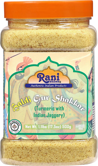 Rani Haldi Gur Shakkar (Turmeric with Indian Jaggery) Indian Unrefined Raw Cane Sugar 17.5oz (1.1lbs) 500g PET Jar ~ Gluten Friendly | Vegan | NON-GMO | Kosher | No Salt or fillers | Indian Product