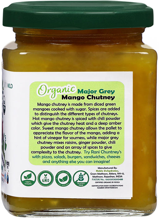 Rani Organic Major Grey Mango Chutney (Indian Preserve) 10.5oz (300g) Glass Jar, Ready to eat ~ All Natural | Vegan | Gluten Free | No Colors | NON-GMO | Kosher | Indian Origin | USDA Certified Organic