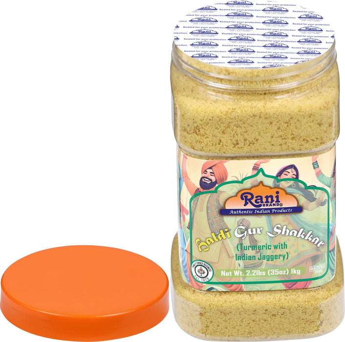 Rani Haldi Gur Shakkar (Turmeric with Indian Jaggery) Indian Unrefined Raw Cane Sugar 35oz (2.2lbs) 1kg PET Jar ~ Gluten Friendly | Vegan | NON-GMO | Kosher | No Salt or fillers | Indian Product
