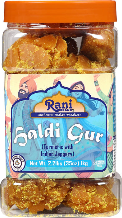 Rani Haldi Gur (Turmeric with Indian Jaggery) Indian Unrefined Raw Cane Sugar 35oz (2.2lbs) 1kg PET Jar ~ Gluten Friendly | Vegan | NON-GMO | Kosher | No Salt or fillers | Indian Product