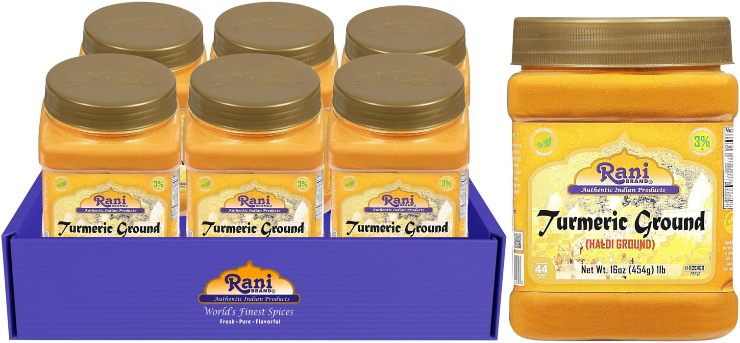 Rani Turmeric (Haldi) Root Powder Spice, (High Curcumin Content) 16oz (1lb) 454g PET Jar, Pack of 6 ~ All Natural | 100% Pure, Salt Free | Vegan | Gluten Friendly | NON-GMO | Indian Origin