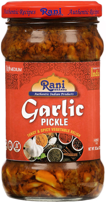 Rani Garlic Pickle Mild (Achar, Spicy Indian Relish) 10.5oz (300g) ~ Glass Jar, All Natural | Vegan | Gluten Free | NON-GMO | Kosher | No Color | Indian Origin