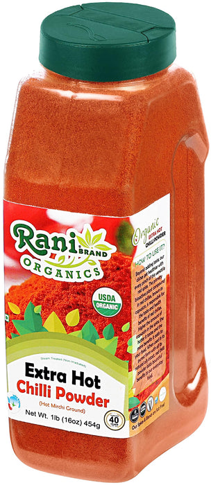 Rani Organic Extra Hot Chilli Powder (Hot Mirchi Ground) 16oz (1lb) 454g PET Jar ~ All Natural | Vegan | Gluten Friendly | NON-GMO | Indian Origin | USDA Certified Organic