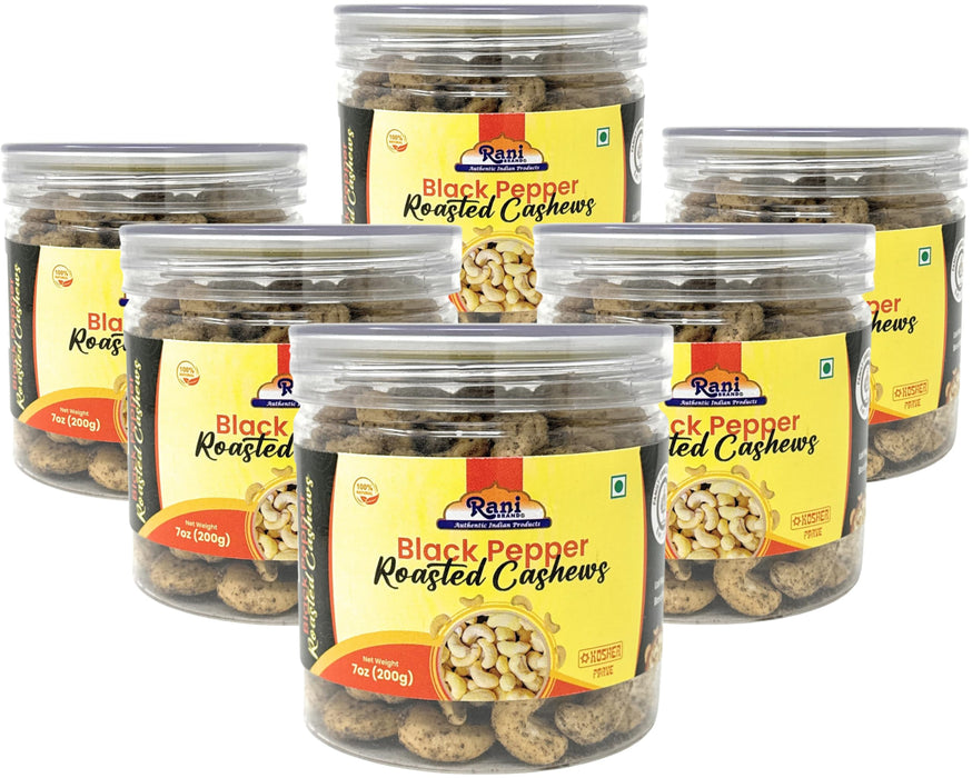 Rani Black Pepper Roasted Cashews 7oz (200g) PET Jar, Pack of 6, Non-Fried, Oil Free ~ All Natural | Vegan | Gluten Friendly | NON-GMO | Kosher | Air Roasted, Crunchy & Flavorful