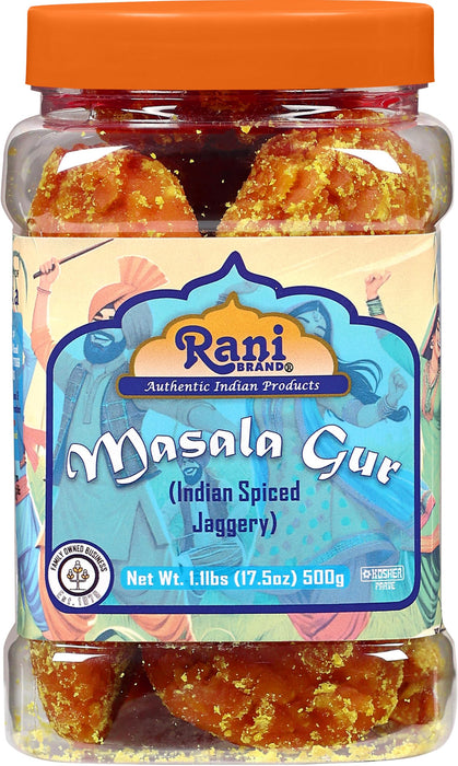 Rani Masala Gur (Jaggery) Indian Unrefined Raw Cane Sugar 17.5oz (1.1lbs) 500g PET Jar ~ Gluten Friendly | Vegan | NON-GMO | Kosher | No Salt or fillers