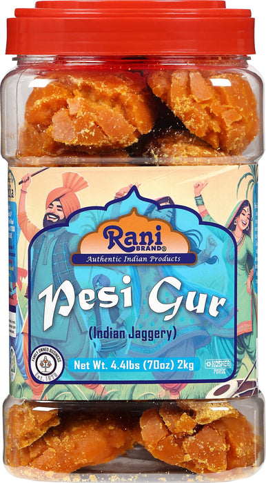 Rani Pesi Gur (Jaggery) Indian Unrefined Raw Cane Sugar 70oz (4.4lbs) 2kg PET Jar ~ Gluten Friendly | Vegan | NON-GMO | Kosher | No Salt or fillers | Indian Product