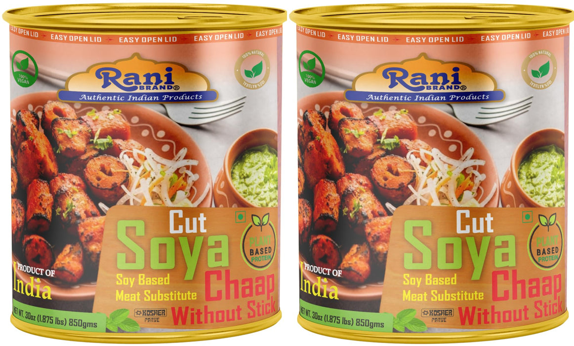 Rani Cut Soya Chaap Whitout Stick (Plant Based Protein) 30oz (1.875lbs) 850g, Pack of 2 ~ Easy Open Lid | All Natural | Vegan | No Colors | NON-GMO | Kosher | Indian Origin | Soy Based Meat Substitute