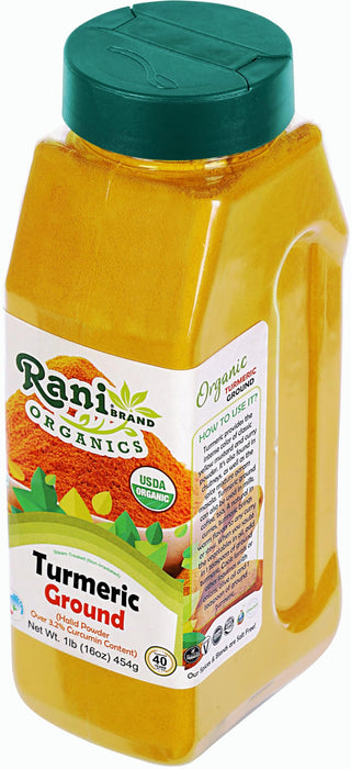 Rani Organic Turmeric (Haldi) Root Powder Spice, (High Curcumin Content) 16oz (1lb) 454g PET Jar ~ All Natural | Vegan | Gluten Friendly | NON-GMO | Kosher | Indian Origin | USDA Certified Organic