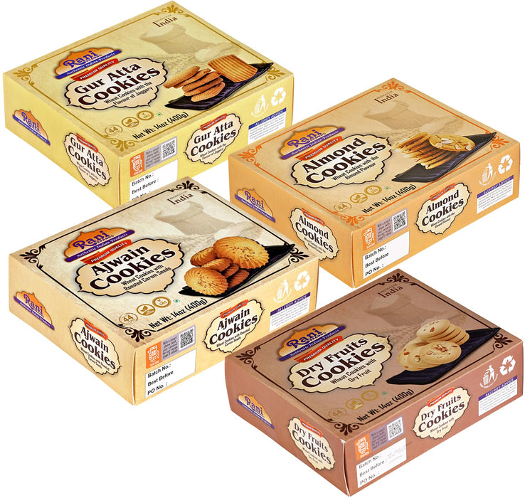 Rani Cookies Variety Pack of 4 (Gur Atta, Almond, Ajwain, Dry Fruits) 14oz (400g) each, Premium Quality Indian Cookies ~ Vegan | Non-GMO | Indian Origin