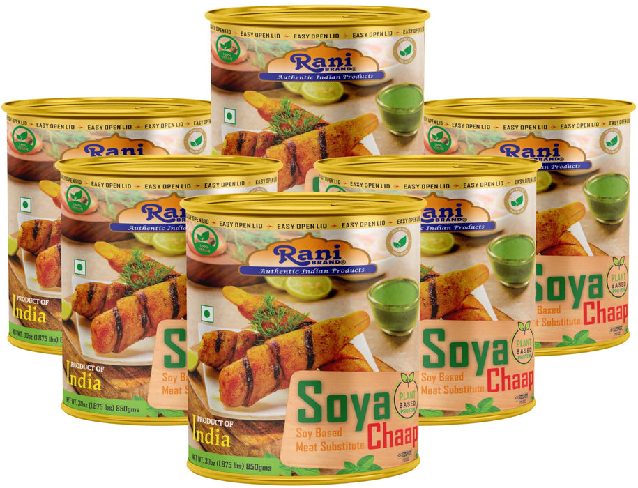 Rani Soya Chaap (Plant Based Protein) 30oz (1.875lbs) 850g, Pack of 6 ~ Easy Open Lid | All Natural | Vegan | No Colors | NON-GMO | Kosher | Indian Origin | Soy Based Meat Substitute