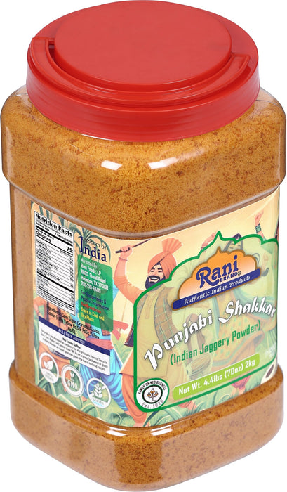 Rani Punjabi Shakkar (Gur Jaggery Powder) Indian Unrefined Raw Cane Sugar 70oz (4.4lbs) 2kg PET Jar ~ Gluten Friendly | Vegan | NON-GMO | Kosher | No Salt or fillers | Indian Product