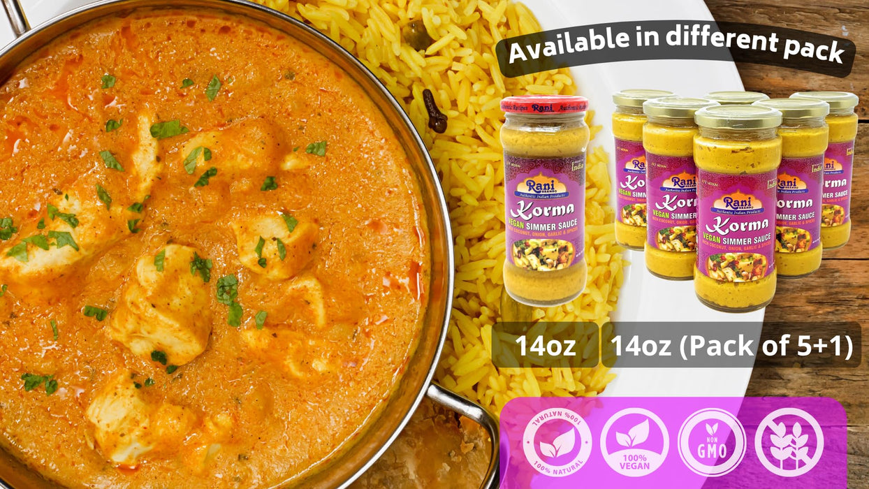 Rani Korma Vegan Simmer Sauce (Rich Coconut, Onion, Garlic & Spices) 14oz (400g) Glass Jar ~ Easy to Use | Vegan | No Colors | All Natural | NON-GMO