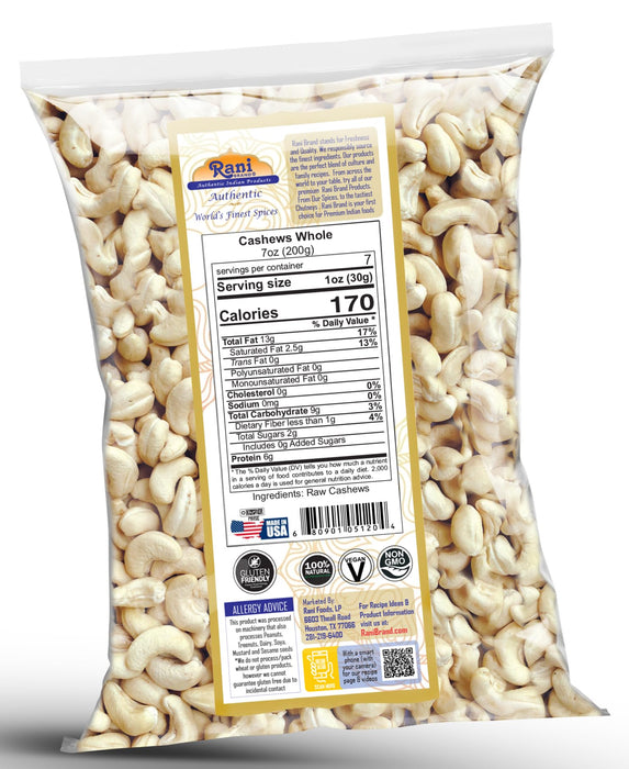 Rani Raw Cashews Whole (uncooked, unsalted) 7oz (200g) ~ All Natural, No Preservatives | Vegan | NON-GMO | Kosher | Gluten Friendly