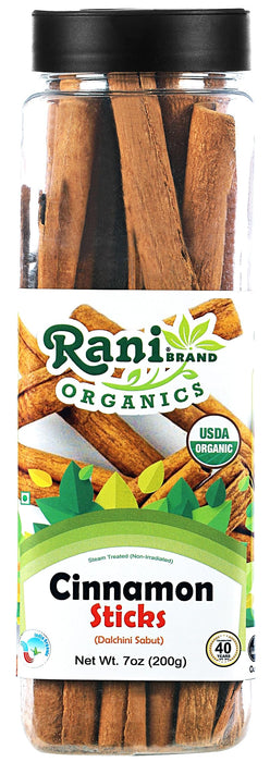 Rani Organic Cinnamon Sticks 7oz (200g) PET Jar - 36-44 Sticks - Strong Aroma, Perfect for Baking, Cooking & Beverages | 3+ Inches Length - Cassia Saigon Cinnamon from Vietnam | Kosher