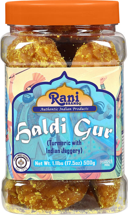 Rani Haldi Gur (Turmeric with Indian Jaggery) Indian Unrefined Raw Cane Sugar 17.5oz (1.1lbs) 500g PET Jar ~ Gluten Friendly | Vegan | NON-GMO | Kosher | No Salt or fillers | Indian Product