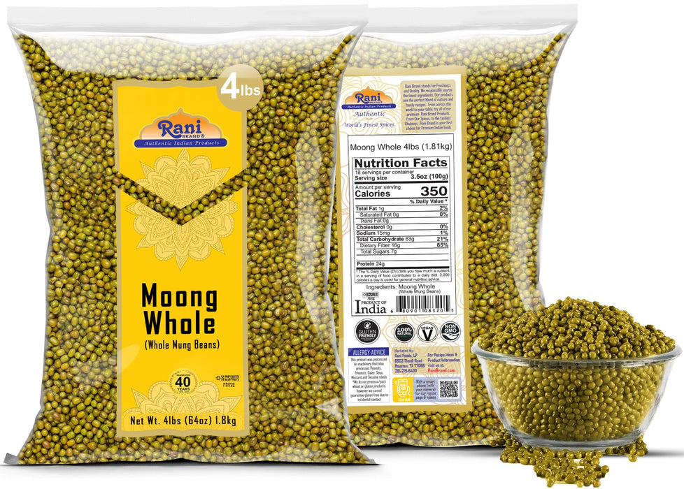 Rani Moong Whole (Whole Mung Beans with skin) Indian Lentils, 64oz (4lbs) 1.81kg ~ All Natural | NON-GMO | Kosher | Vegan | Indian Origin